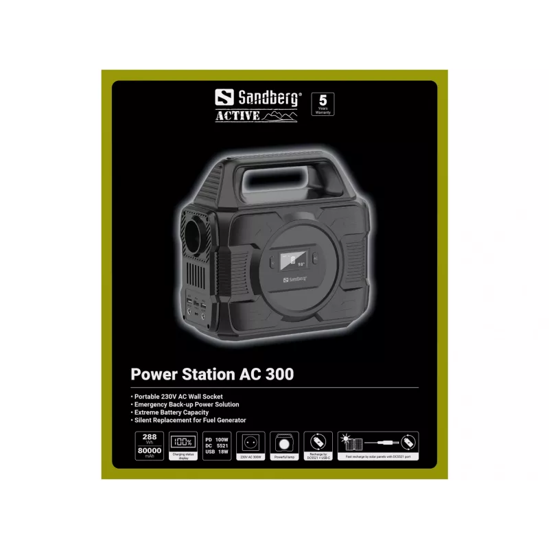 Sandberg Power Station AC 300, 80000 mAh, AC, DC, Saules, USB, 296 Wh, 300 W, 6 A