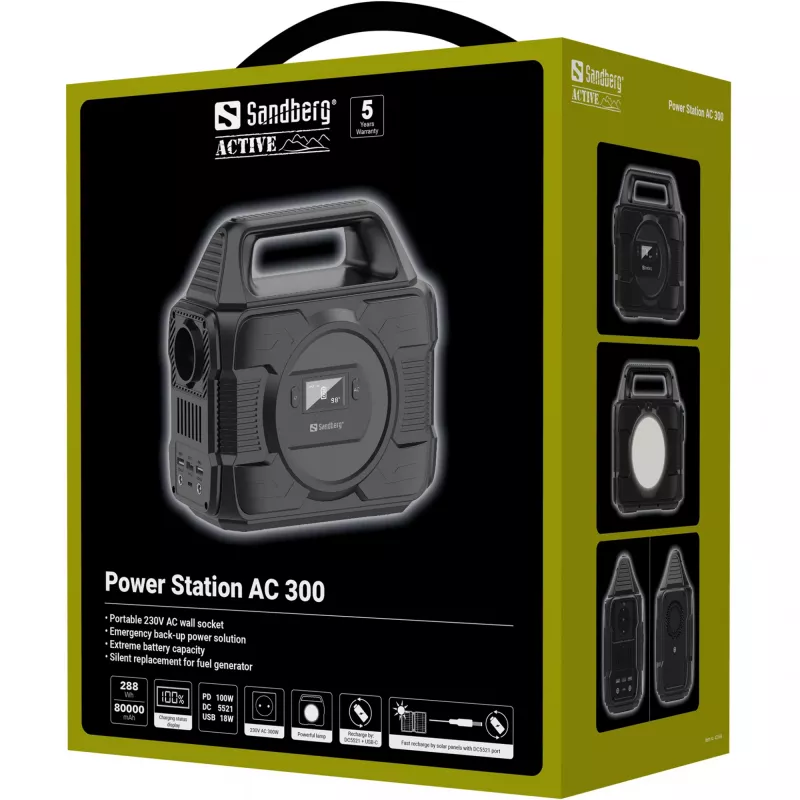 Sandberg Power Station AC 300, 80000 mAh, AC, DC, Saules, USB, 296 Wh, 300 W, 6 A