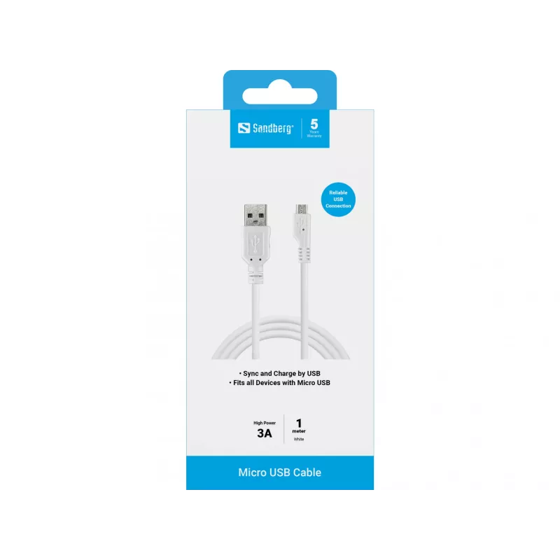 Sandberg USB-A uz Micro-USB lādēšanas un sinhronizācijas kabelis, 1 m, balts