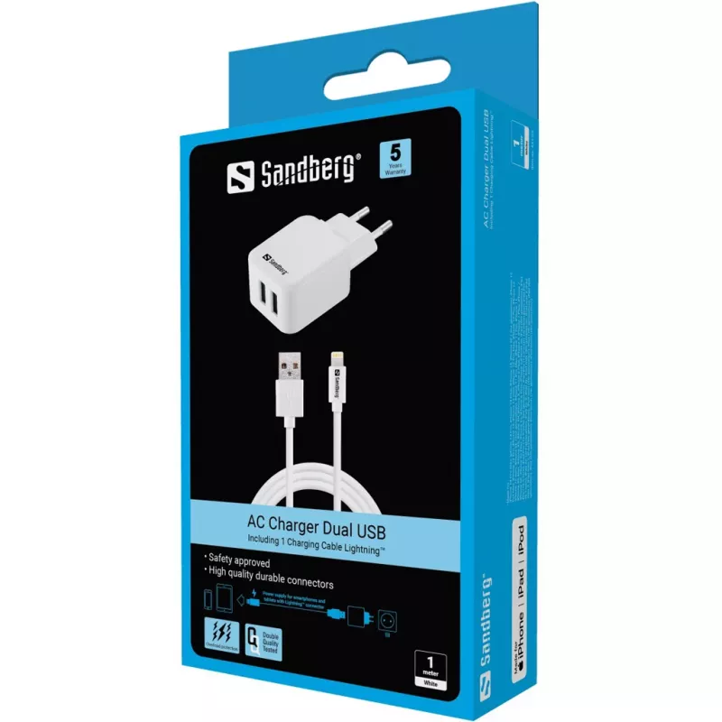 Sandberg AC lādētājs EU Lightning 2.4A, iekštelpu, maiņstrāva, 5 V, balts