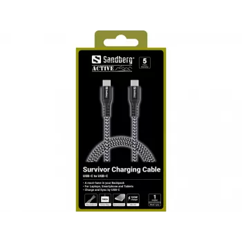Sandberg Survivor USB-C kabelis 1M 100W, 1 m, USB C, USB C, USB 2.0, Melns, Pelēks