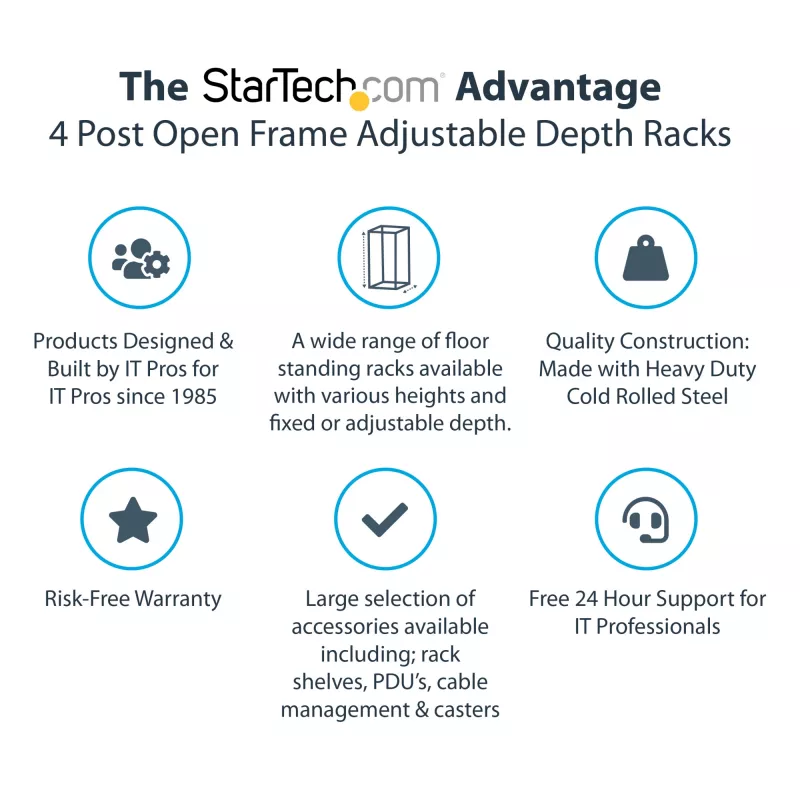 StarTech.com 4-Post 25U mobilais atvērtais serveru statīvs, četru stabu 19 collu tīkla statīvs ar riteņiem, regulējams dziļums datoru/AV/datu/IT aprīkojumam