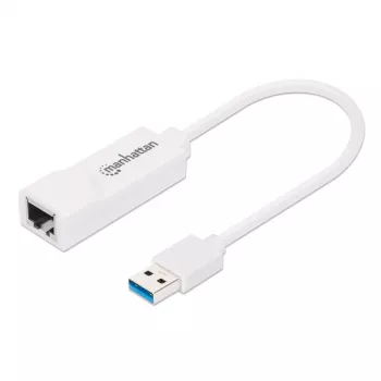 Manhattan USB-A Gigabit tīkla adapteris, balts, 10/100/1000 Mbps, USB 3.0, Ethernet, RJ45, trīs gadu garantija