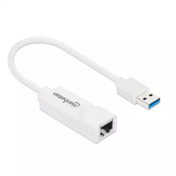 Manhattan USB-A Gigabit tīkla adapteris, balts, 10/100/1000 Mbps, USB 3.0, Ethernet, RJ45, trīs gadu garantija