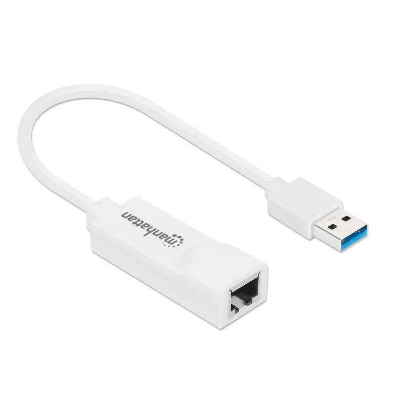 Manhattan USB-A Gigabit tīkla adapteris, balts, 10/100/1000 Mbps, USB 3.0, Ethernet, RJ45, trīs gadu garantija