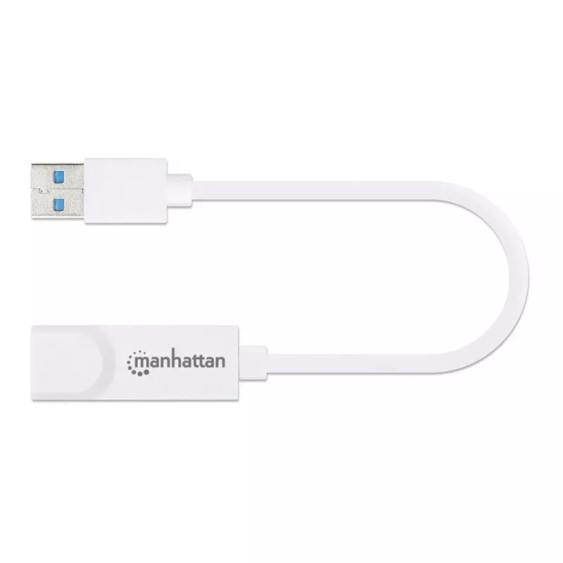 Manhattan USB-A Gigabit tīkla adapteris, balts, 10/100/1000 Mbps, USB 3.0, Ethernet, RJ45, trīs gadu garantija