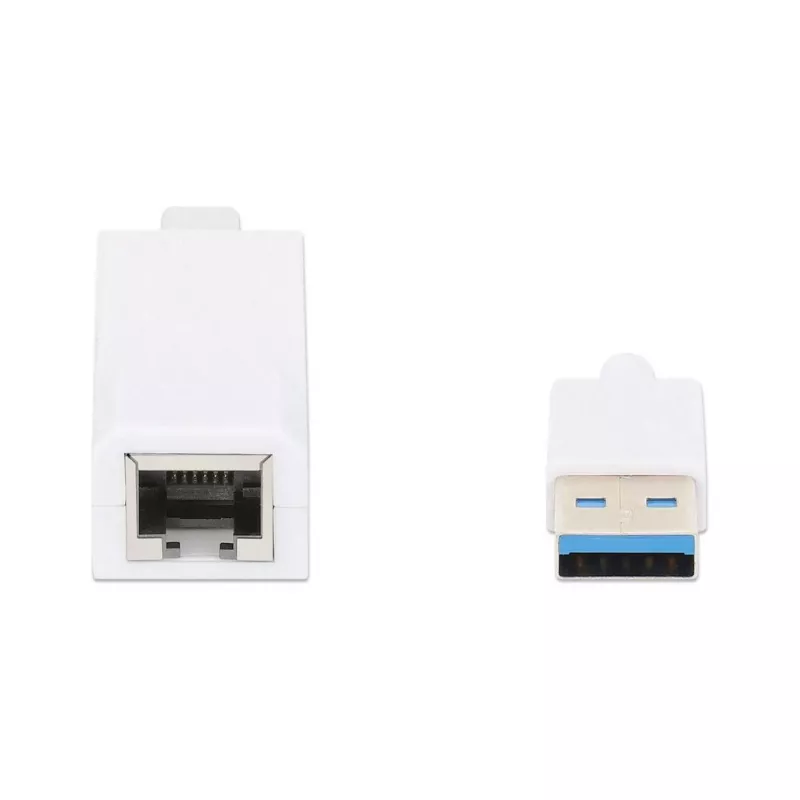 Manhattan USB-A Gigabit tīkla adapteris, balts, 10/100/1000 Mbps, USB 3.0, Ethernet, RJ45, trīs gadu garantija