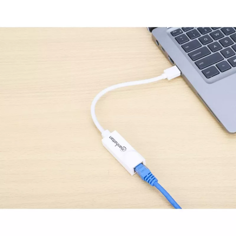 Manhattan USB-A Gigabit tīkla adapteris, balts, 10/100/1000 Mbps, USB 3.0, Ethernet, RJ45, trīs gadu garantija