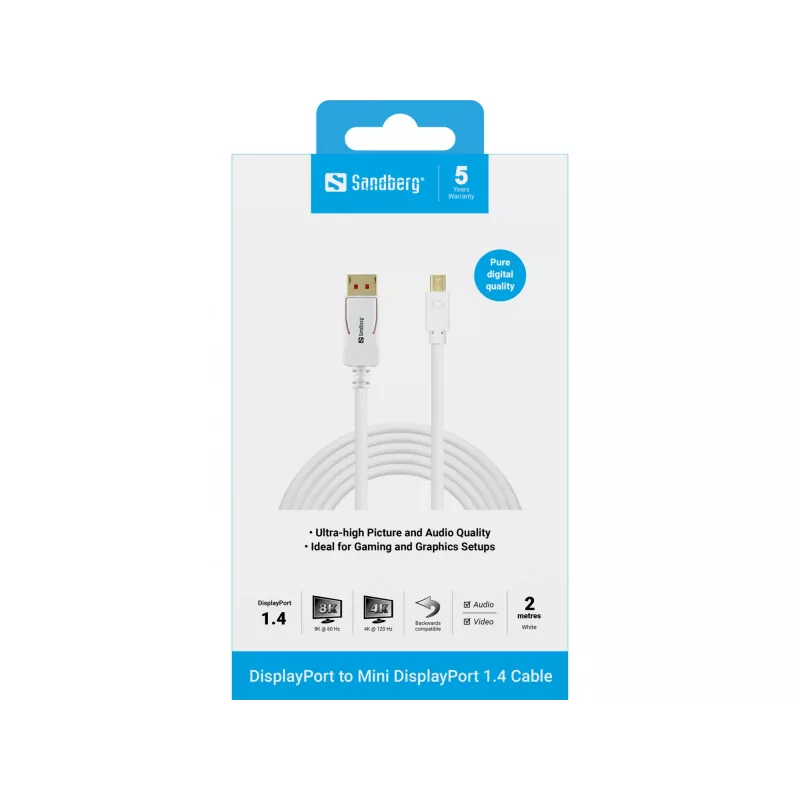 Sandberg 509-17 kabelis no DisplayPort uz Mini DisplayPort, DP 1.4, 8K 60 Hz (7680 x 4320), 2 m, spraudnis/spraudnis
