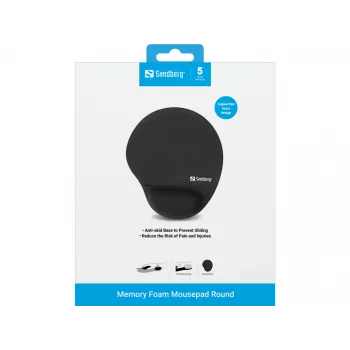 Sandberg Memory Foam Mousepad Round, Melns, Atmiņas putas, Plaukstas balsts, Neslīdoša pamatne