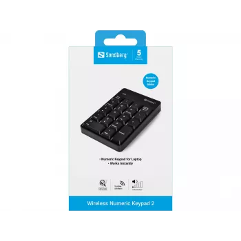 Sandberg Wireless Numeric Keypad 2 — bezvadu ciparu tastatūra, 18 taustiņi, RF Wireless, melna