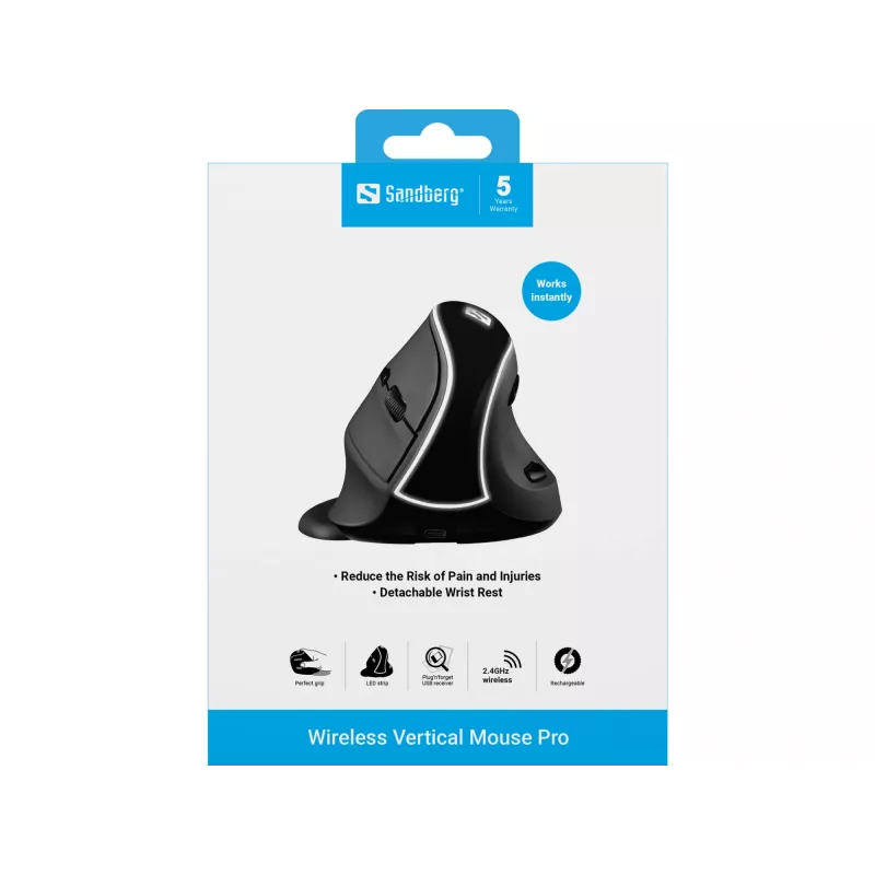 Sandberg Wireless Vertical Mouse Pro, vertikāla pele, optiska, RF bezvadu, 1600 DPI, melna
