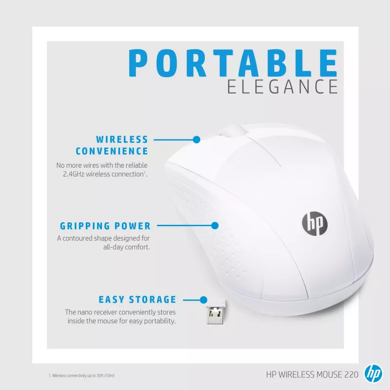 HP Wireless Mouse 220 (Snow White), optiskā, RF bezvadu, balts