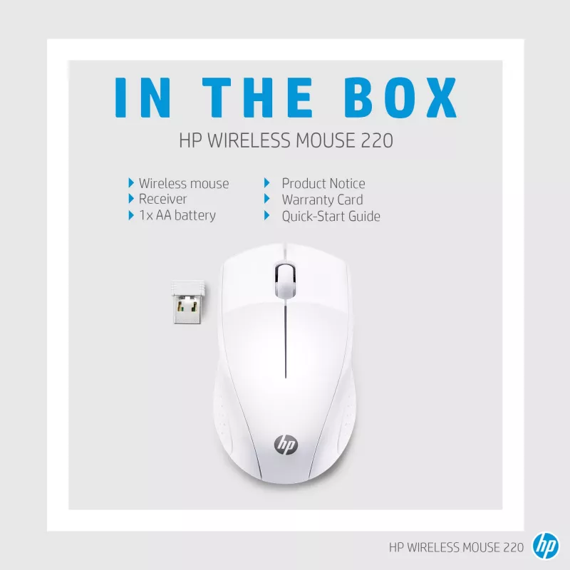 HP Wireless Mouse 220 (Snow White), optiskā, RF bezvadu, balts