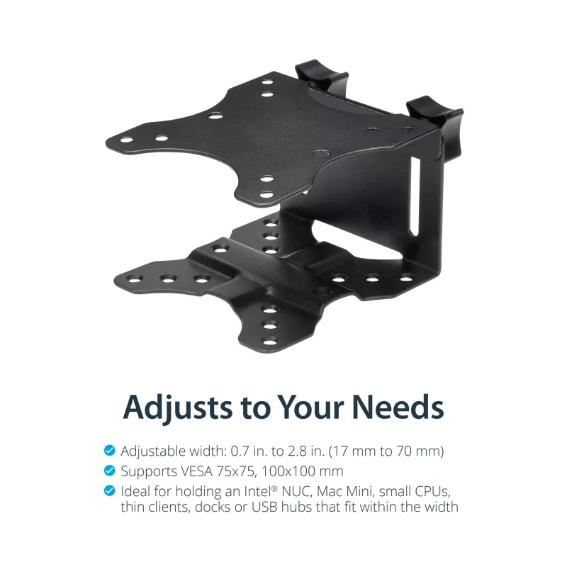 StarTech.com ACCSMNT VESA stiprinājums tievajam klientam, paredzēts Intel NUC / Mac Mini, mazam galddatoram, 5 kg, melnā krāsā, plastmasa/tērauds
