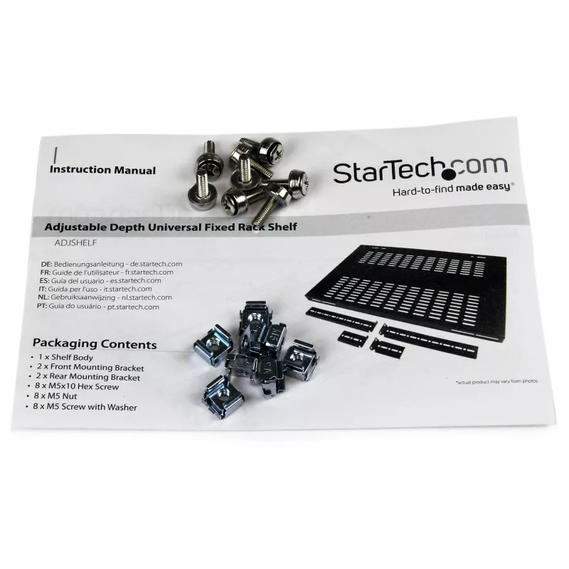 StarTech.com ADJSHELF 1U serveru statņa plaukts ar ventilāciju un regulējamu dziļumu, 19 collas, 80 kg (175 lb), uzstādīšanas dziļums 480–960 mm (19,5–38 collas), 70 cm (27,5 collas) dziļš, melnā krāsā