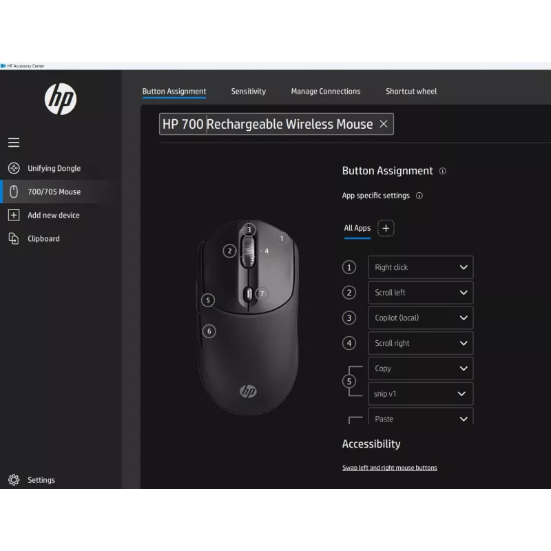 HP 700 uzlādējama bezvadu pele, abpusēja, RF bezvadu + Bluetooth, 6000 DPI, melna