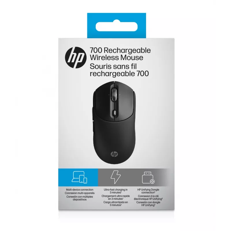 HP 700 uzlādējama bezvadu pele, abpusēja, RF bezvadu + Bluetooth, 6000 DPI, melna
