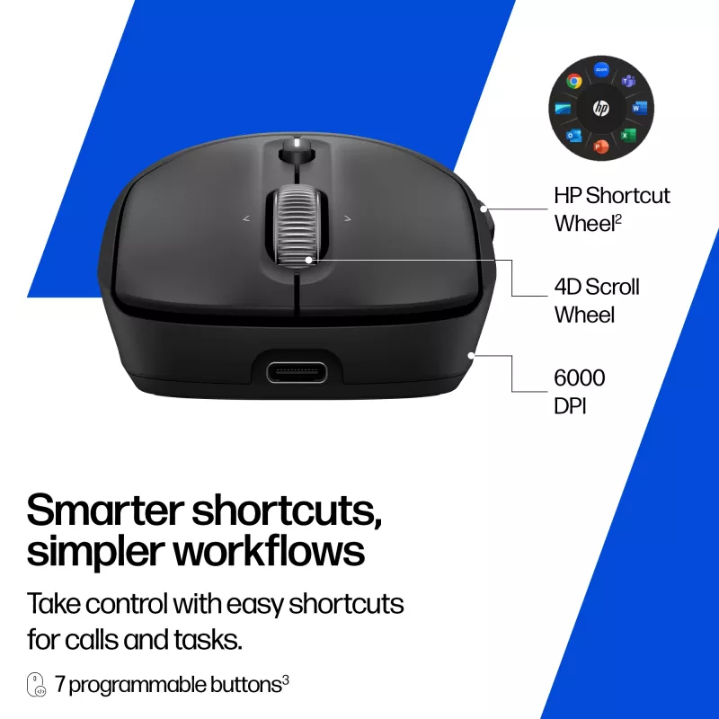 HP 700 uzlādējama bezvadu pele, abpusēja, RF bezvadu + Bluetooth, 6000 DPI, melna