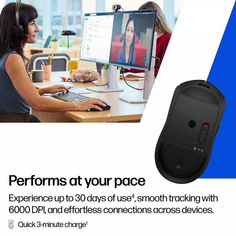 HP 700 uzlādējama bezvadu pele, abpusēja, RF bezvadu + Bluetooth, 6000 DPI, melna