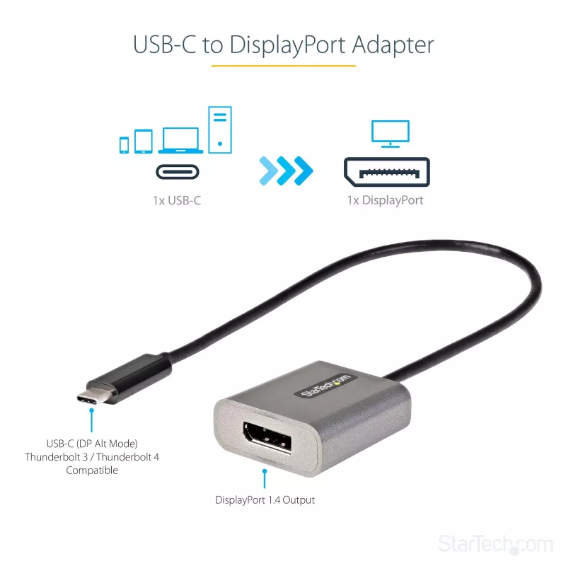 StarTech.com USB-C uz DisplayPort adapteris - 8K/4K 60Hz USB-C uz DisplayPort 1.4 adapteris - USB Type-C uz DP monitora video pārveidotājs - saderīgs ar Thunderbolt 3 - ar 30cm garu kabeli