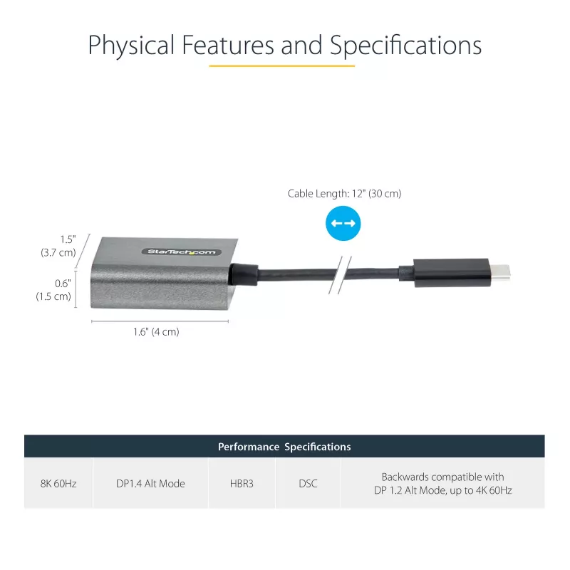 StarTech.com USB-C uz DisplayPort adapteris - 8K/4K 60Hz USB-C uz DisplayPort 1.4 adapteris - USB Type-C uz DP monitora video pārveidotājs - saderīgs ar Thunderbolt 3 - ar 30cm garu kabeli