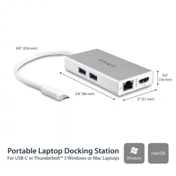StarTech.com USB-C daudzportu adapteris - USB-C ceļojumu dokstacija ar 4K HDMI - 60W strāvas padeve, GbE, 2 portu USB-A 3.0 centrmezgls - pārnēsājams mini USB-C doks klēpjdatoram - balts