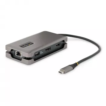 StarTech.com USB-C daudzportu adapteris - 4K 60Hz HDMI/DP - 3 portu USB centrmezgls - 100W barošanas pārvade - GbE - ceļojumu mini dokstacija ar uzlādi - 1 pēdas/30cm aptinams kabelis
