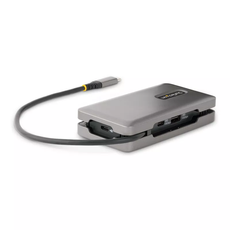 StarTech.com USB-C daudzportu adapteris - 4K 60Hz HDMI/DP - 3 portu USB centrmezgls - 100W barošanas pārvade - GbE - ceļojumu mini dokstacija ar uzlādi - 1 pēdas/30cm aptinams kabelis