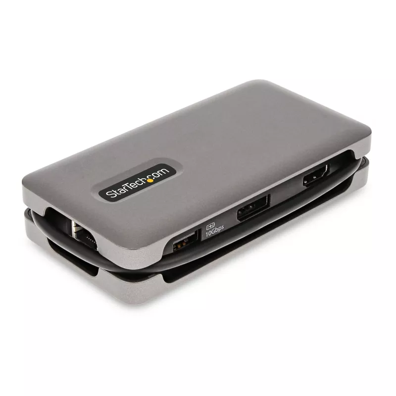 StarTech.com USB-C daudzportu adapteris - 4K 60Hz HDMI/DP - 3 portu USB centrmezgls - 100W barošanas pārvade - GbE - ceļojumu mini dokstacija ar uzlādi - 1 pēdas/30cm aptinams kabelis
