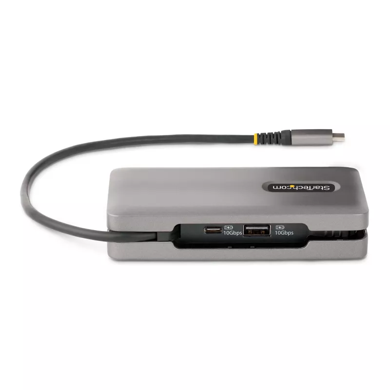 StarTech.com USB-C daudzportu adapteris - 4K 60Hz HDMI/DP - 3 portu USB centrmezgls - 100W barošanas pārvade - GbE - ceļojumu mini dokstacija ar uzlādi - 1 pēdas/30cm aptinams kabelis