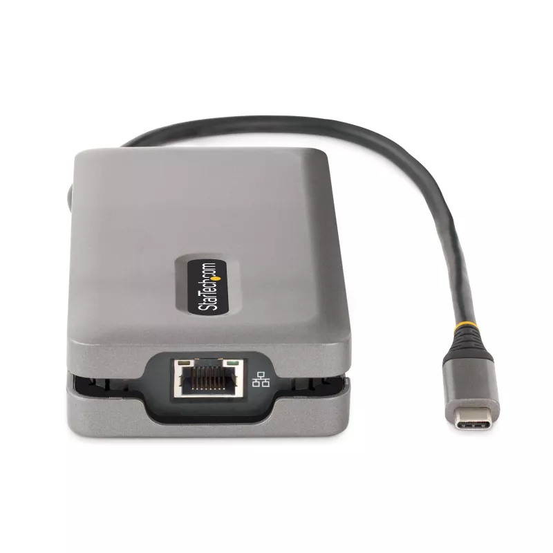 StarTech.com USB-C daudzportu adapteris - 4K 60Hz HDMI/DP - 3 portu USB centrmezgls - 100W barošanas pārvade - GbE - ceļojumu mini dokstacija ar uzlādi - 1 pēdas/30cm aptinams kabelis