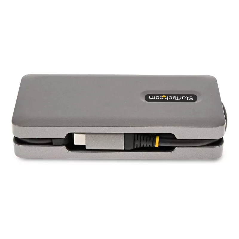 StarTech.com USB-C daudzportu adapteris - 4K 60Hz HDMI/DP - 3 portu USB centrmezgls - 100W barošanas pārvade - GbE - ceļojumu mini dokstacija ar uzlādi - 1 pēdas/30cm aptinams kabelis