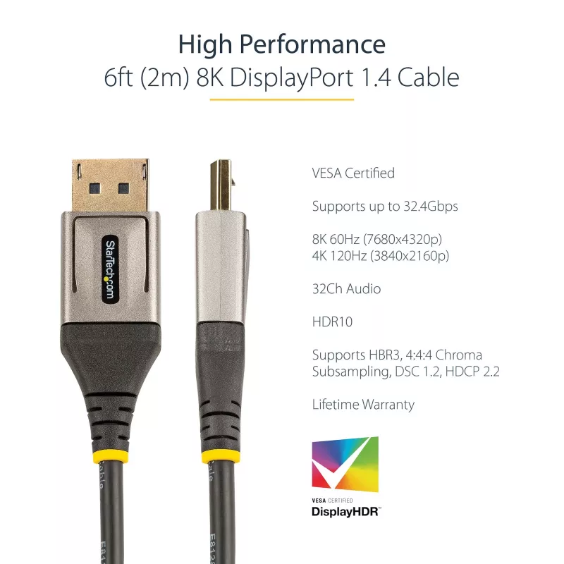 StarTech.com 2m VESA sertificēts DisplayPort 1.4 kabelis - 8K 60Hz HDR10 - Ultra HD 4K 120Hz - DP 1.4 vīriešu/vīriešu