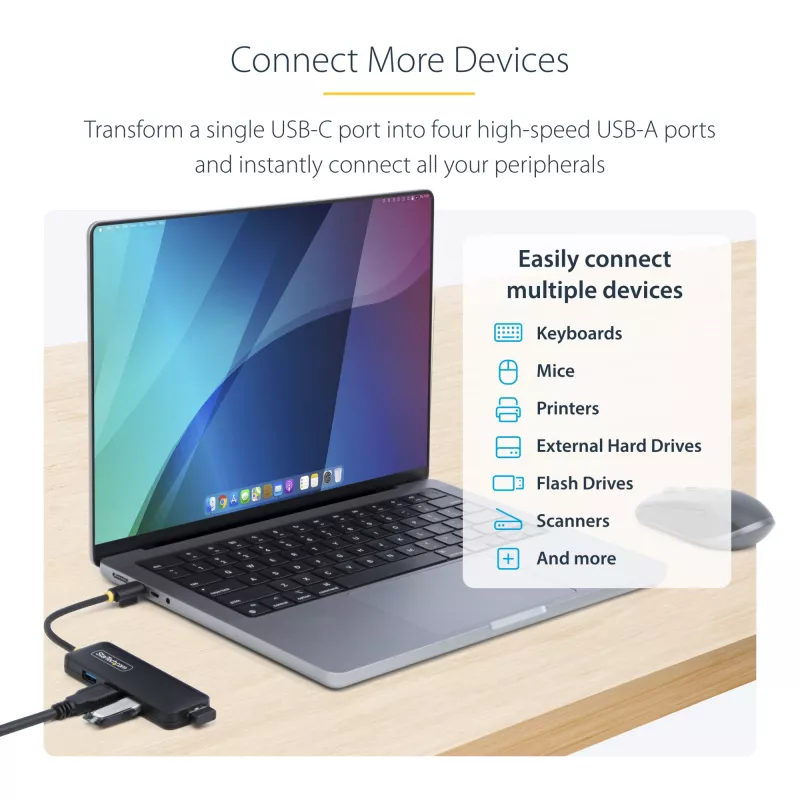StarTech.com 4-Portu USB-C Hubs, 5Gbps, USB-C uz 4x USB-A, Barojams no kopnes, Kompakts ceļojumu mini hubs, Daudzportu USB 3.0 sadalītājs, Pārnēsājams hubs, Aizsardzība pret pārslodzi