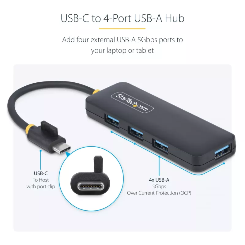 StarTech.com 4-Portu USB-C Hubs, 5Gbps, USB-C uz 4x USB-A, Barojams no kopnes, Kompakts ceļojumu mini hubs, Daudzportu USB 3.0 sadalītājs, Pārnēsājams hubs, Aizsardzība pret pārslodzi