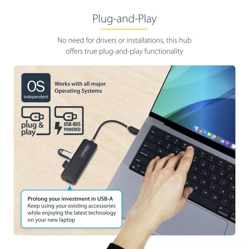 StarTech.com 4-Portu USB-C Hubs, 5Gbps, USB-C uz 4x USB-A, Barojams no kopnes, Kompakts ceļojumu mini hubs, Daudzportu USB 3.0 sadalītājs, Pārnēsājams hubs, Aizsardzība pret pārslodzi