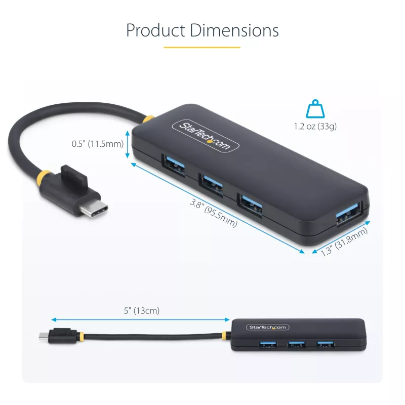 StarTech.com 4-Portu USB-C Hubs, 5Gbps, USB-C uz 4x USB-A, Barojams no kopnes, Kompakts ceļojumu mini hubs, Daudzportu USB 3.0 sadalītājs, Pārnēsājams hubs, Aizsardzība pret pārslodzi