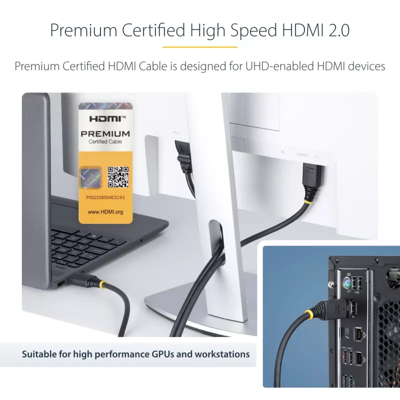 StarTech.com 1m Premium Certified HDMI 2.0 kabelis, 4K 60Hz/1440p 144Hz, HDR10/HDCP 2.2/ARC, 18Gbps, TPE apvalks