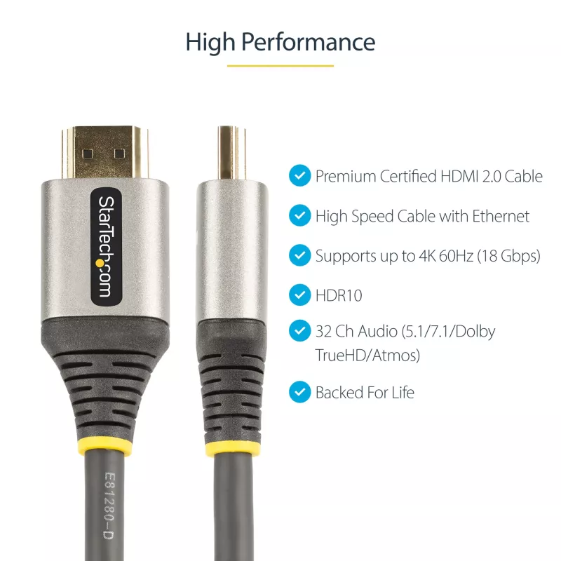 StarTech.com 6 pēdu (2 m) Premium Sertificēts HDMI 2.0 Kabelis - Ātrgaitas Ultra HD 4K 60Hz HDMI Kabelis ar Ethernet - HDR10, ARC - UHD HDMI Video Vads - UHD Monitoriem, TV, Displejiem - Vīriešu/Vīriešu
