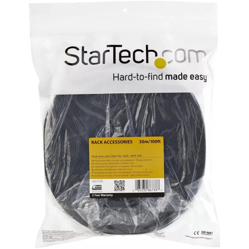 StarTech.com 100 pēdu Velcro ruļļa lente - Griežams pēc izmēra, atkārtoti lietojamas kabeļu saites - Industriālā vadu stiprinājuma lente / regulējamas auduma aptīšanas, melna / pašķērējošas kabeļu pārvaldības siksnas