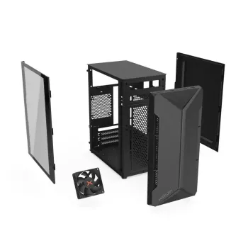 Korpuss KRUX Astro Cube Black — kuba formas korpuss, micro ATX/mini-ITX, 1×3.5 collu + 2×2.5 collu sloti, sānu logs, max PSU 28 cm, max dzesētāja augstums 136 mm