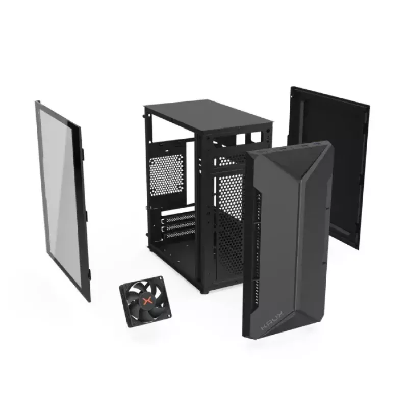 Korpuss KRUX Astro Cube Black — kuba formas korpuss, micro ATX/mini-ITX, 1×3.5 collu + 2×2.5 collu sloti, sānu logs, max PSU 28 cm, max dzesētāja augstums 136 mm