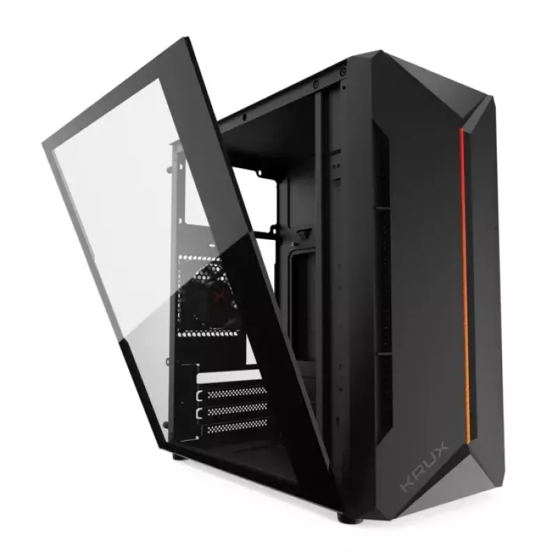 Korpuss KRUX Astro Cube Black — kuba formas korpuss, micro ATX/mini-ITX, 1×3.5 collu + 2×2.5 collu sloti, sānu logs, max PSU 28 cm, max dzesētāja augstums 136 mm