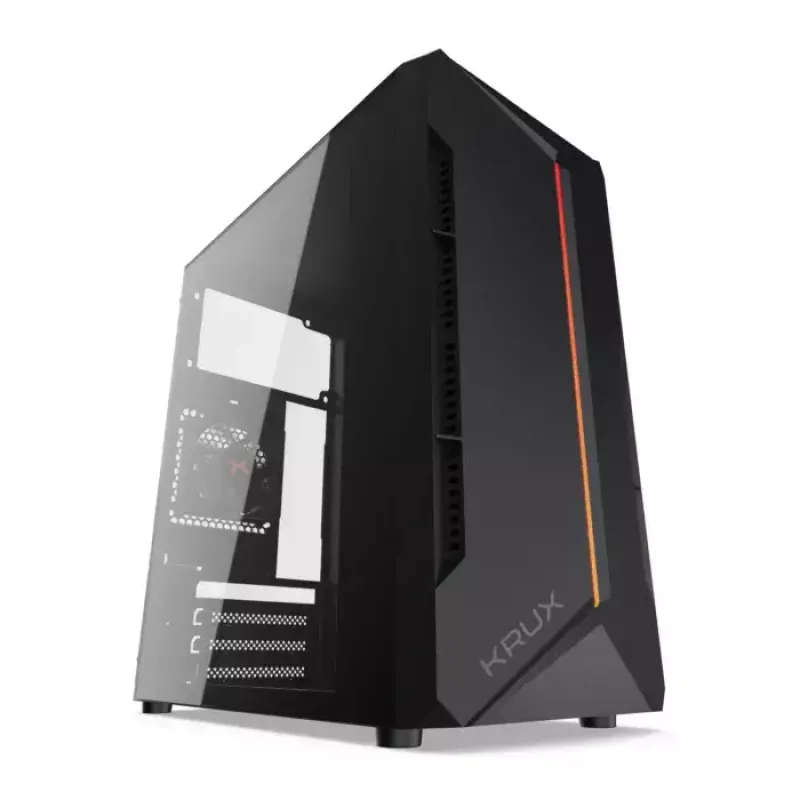 Korpuss KRUX Astro Cube Black — kuba formas korpuss, micro ATX/mini-ITX, 1×3.5 collu + 2×2.5 collu sloti, sānu logs, max PSU 28 cm, max dzesētāja augstums 136 mm