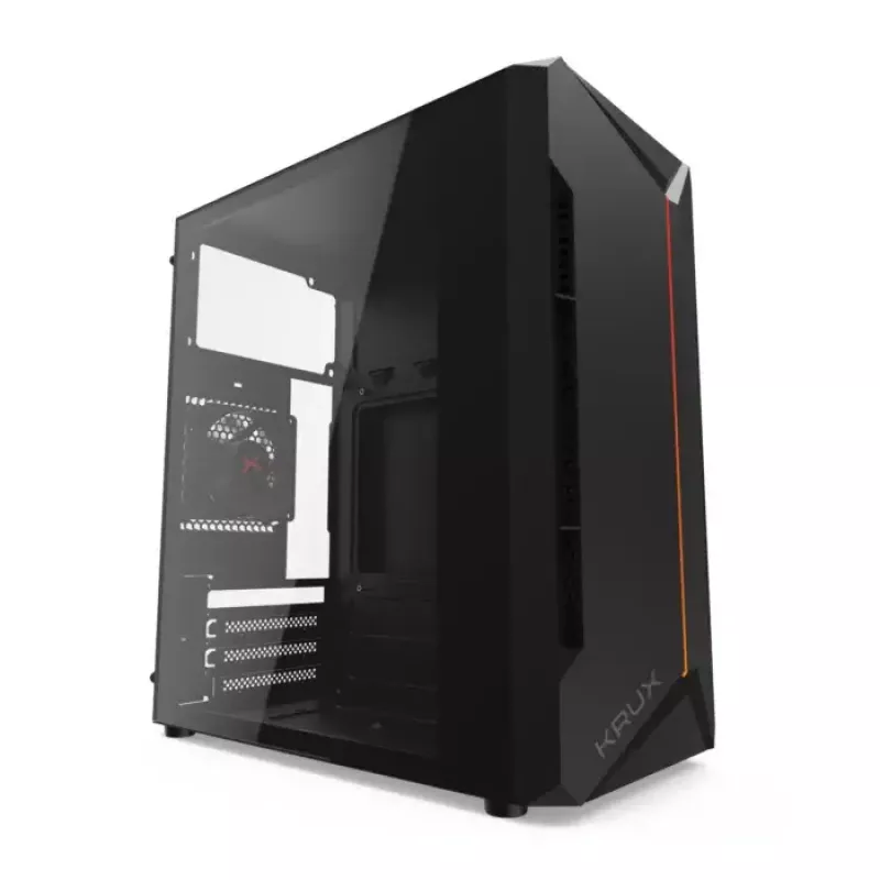 Korpuss KRUX Astro Cube Black — kuba formas korpuss, micro ATX/mini-ITX, 1×3.5 collu + 2×2.5 collu sloti, sānu logs, max PSU 28 cm, max dzesētāja augstums 136 mm