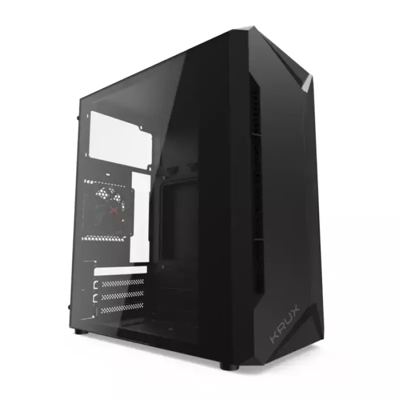 Korpuss KRUX Astro Cube Black — kuba formas korpuss, micro ATX/mini-ITX, 1×3.5 collu + 2×2.5 collu sloti, sānu logs, max PSU 28 cm, max dzesētāja augstums 136 mm