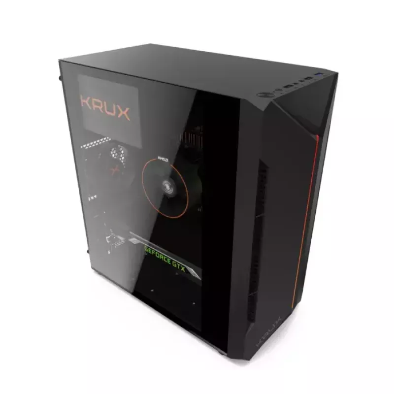 Korpuss KRUX Astro Cube Black — kuba formas korpuss, micro ATX/mini-ITX, 1×3.5 collu + 2×2.5 collu sloti, sānu logs, max PSU 28 cm, max dzesētāja augstums 136 mm