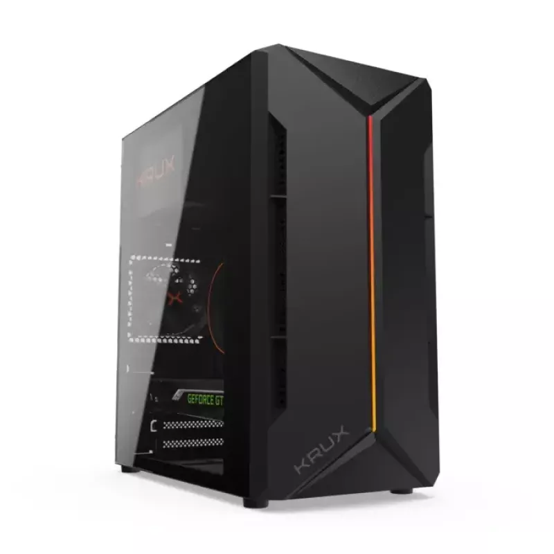 Korpuss KRUX Astro Cube Black — kuba formas korpuss, micro ATX/mini-ITX, 1×3.5 collu + 2×2.5 collu sloti, sānu logs, max PSU 28 cm, max dzesētāja augstums 136 mm