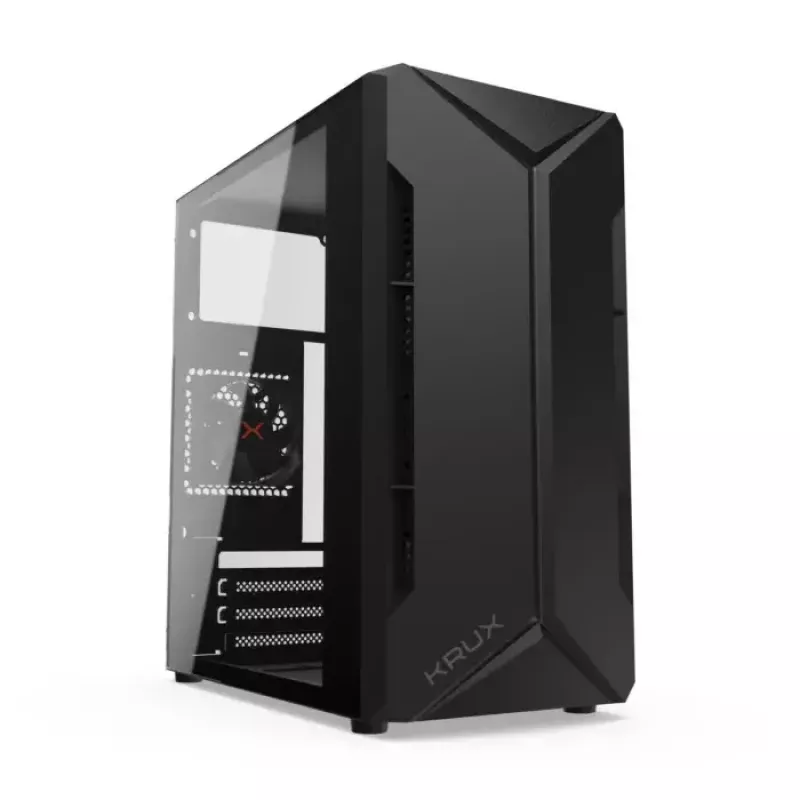 Korpuss KRUX Astro Cube Black — kuba formas korpuss, micro ATX/mini-ITX, 1×3.5 collu + 2×2.5 collu sloti, sānu logs, max PSU 28 cm, max dzesētāja augstums 136 mm